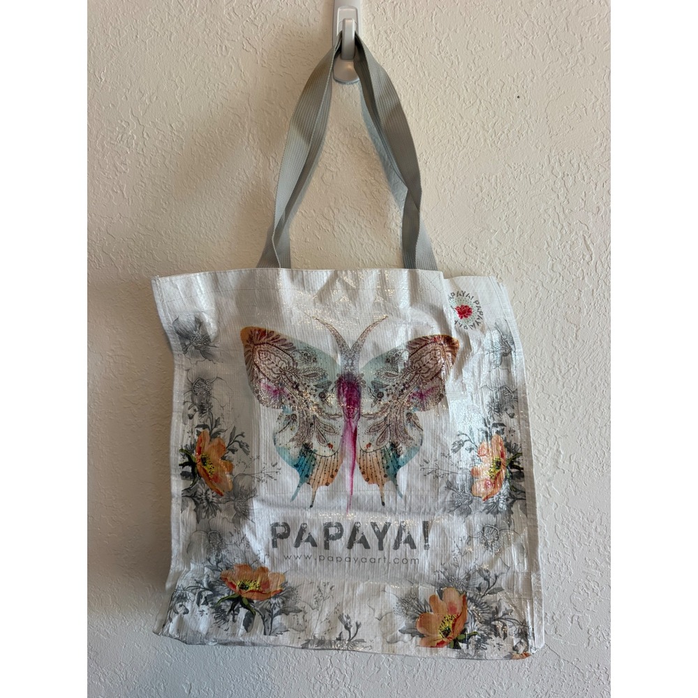 Papaya Art Butterfly Floral Reusable Tote Bag Woven Shopper White Boho